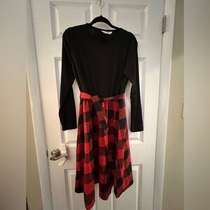 Red Plaid Splicing Black Long-sleeve Dresses